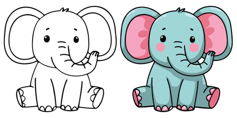 Elephant Line Art Vector Outline Illustration Black and White with Coloring Sample