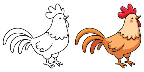 Chicken Line Art Vector Outline Illustration Black and White with Coloring Sample