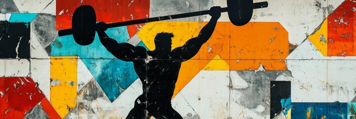 Fototapeta premium Weightlifter silhouette with barbell against colorful abstract background.