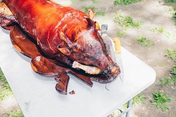 Top view, close-up of the popular, delicious and crispy roasted pig known as "lechon baboy" (in the Philippines, Spain, Cuba, etc.) on white table. Selective focus. Copy space.
