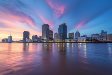 Stunning sunset over the New Orleans skyline illuminating the Mississippi River and highlighting the vibrant cityscape and colorful cloud formations