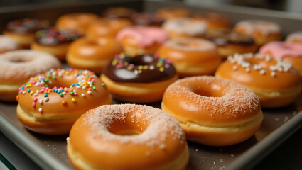 Perfectly Arranged Donuts in Sharp Focus – Variety of Toppings and Flavors