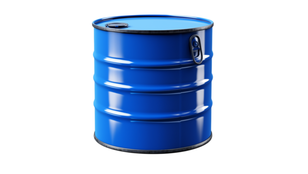 A single blue metal barrel container with a  in a studio setting isolated on transparent background png