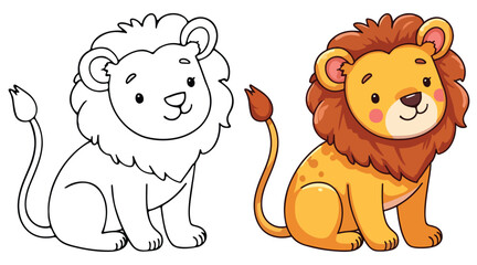 Lion Line Art Vector Outline Illustration Black and White with Coloring Sample