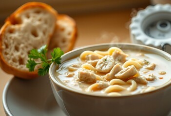 Steaming hot bowl of chicken noodle soup with crusty bread and fresh parsley