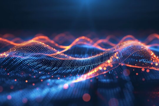 Futuristic technology wallpaper showcasing vibrant digital glow with flowing wave patterns, set against a dark background, suitable for tech enthusiasts and modern design lovers