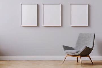 Interior with Modern Chair Three White Frames and Grey Wall for Art Display Mockup