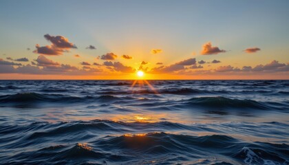 Fototapeta premium Golden Horizon A striking horizon where the sun meets the sea, with golden light shimmering across soft waves.