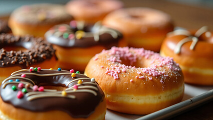 Perfectly Arranged Donuts in Sharp Focus – Variety of Toppings and Flavors