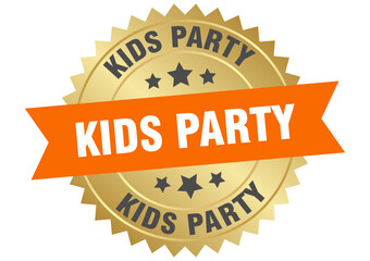 kids party. kids party round orange and gold label isolated on transparent background