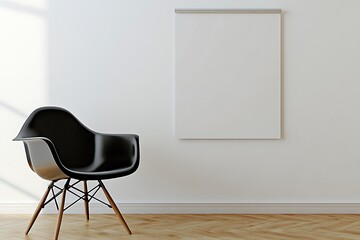 Interior with White Wall, Blank Canvas, and Sleek Modern Black Chair