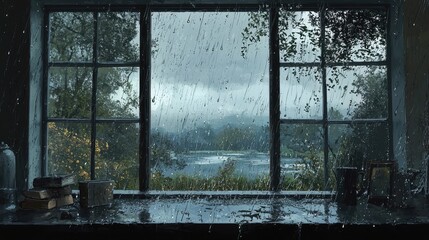 Fototapeta premium Peaceful Window with Gentle Rainfall