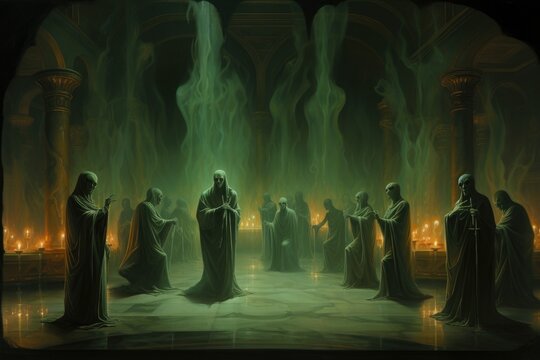 Spectral figures dance in a candlelit hall during an eerie gathering at midnight, creating an otherworldly atmosphere filled with mystery and intrigue