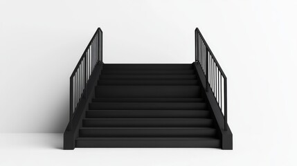 15.A modern black staircase with dual sections and minimalist railings, floating cleanly in isolation on a seamless white backdrop.