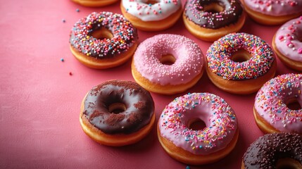 Delectable Donut Delight: A mouthwatering array of vibrant donuts, adorned with colorful sprinkles, glistening frosting, and various flavors, is artfully arranged.