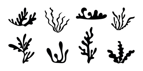Abstract seaweed set in boho style. Sea algae, silhouette plants, reef of coral, submarine leaf, marine flat elements. Underwater summer icon. Isolated vector illustration on white background.