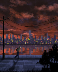 Night Walk by the City Lights – Digital Painting