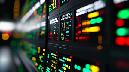 Digital display board showing colorful data metrics, graphs, and statistics in modern environment, conveying sense of technology and analysis