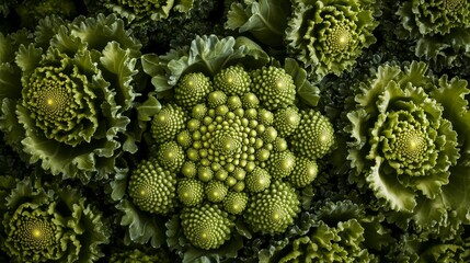 28.A large cluster of fresh broccoli arranged closely together, the top view emphasizing the repetitive patterns and natural symmetry of the florets.