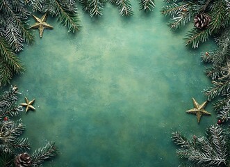 Christmas background with fir branches and Christmas decorations on a green background