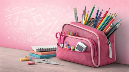 Fototapeta premium A cheerful back-to-school setup featuring a pink pencil case packed with colorful stationery, pens, and scissors, placed against a solid pink wall.