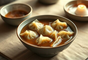 Wonton Soup, steaming hot, savory sweet flavors, tender wontons, rich broth, cozy table setting