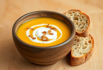Warm, inviting, bowl, Butternut Squash Soup, crispy fried onions, sour cream, rustic wooden bowl, crumbly crusty bread