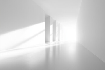 Walking Through Minimalist White Corridor with Column Structure and Bright Light