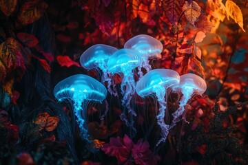 Glowing jellyfish gracefully float amidst autumnal leaves, creating a surreal underwater scene.