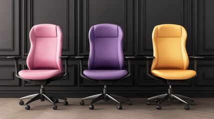 Obraz premium Three stylish ergonomic office chairs in pink, purple, and orange are arranged against a dark, elegant backdrop, This image is ideal for marketing, interior design, and furniture-related content,