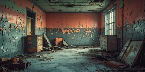 Grungy Empty Room with Weathered Walls and Concrete Floor.