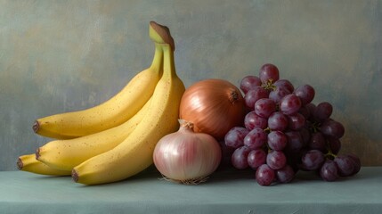 59.A colorful still life featuring a pyramid of produce with bananas, grapes, and onions, their textures and tones highlighted under soft, diffused lighting.