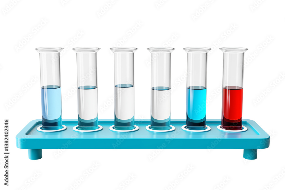 Fototapete A set of six test tubes filled with different colored liquids on a blue rack in a laboratory setting on transparent background png