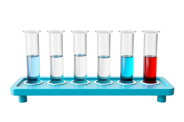 A set of six test tubes filled with different colored liquids on a blue rack in a laboratory setting on transparent background png