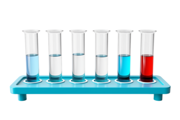 A set of six test tubes filled with different colored liquids on a blue rack in a laboratory setting on transparent background png