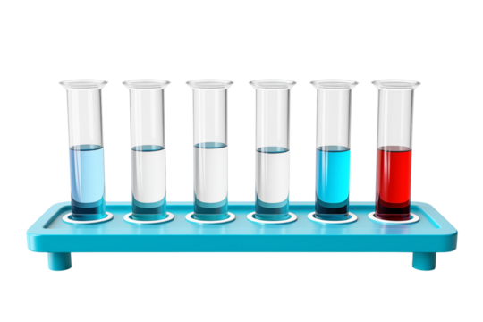 A set of six test tubes filled with different colored liquids on a blue rack in a laboratory setting on transparent background png - Powered by Adobe