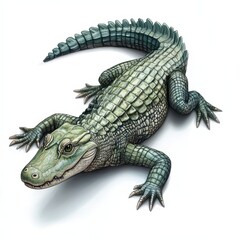 Fototapeta premium Detailed Illustration of a Green Alligator Reptile showcasing its textured skin and powerful claws lying on a white background