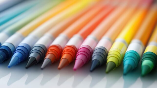 Vibrant colored markers arranged in a row, ideal for illustrating creativity, art, and design, Perfect for educational materials, DIY projects, or marketing content related to art supplies,