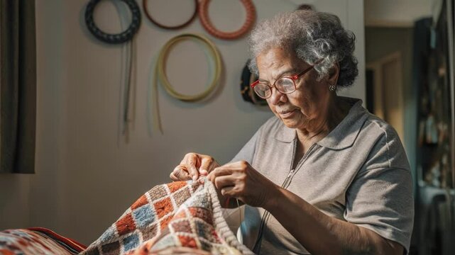 Senior woman focused on quilting, skillfully sewing a colorful patchwork quilt in a cozy room. Embroidery hoops hang on the wall, adding to the creative atmosphere