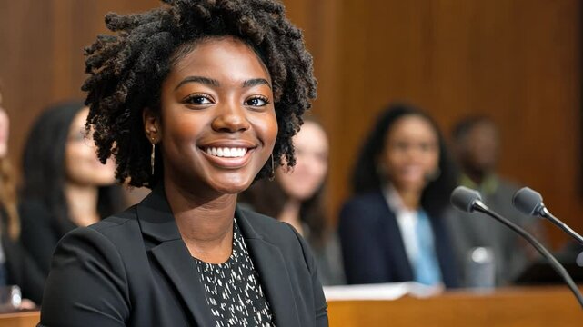 A graduate student defending their thesis in front of an academic panel, confidence and determination.
