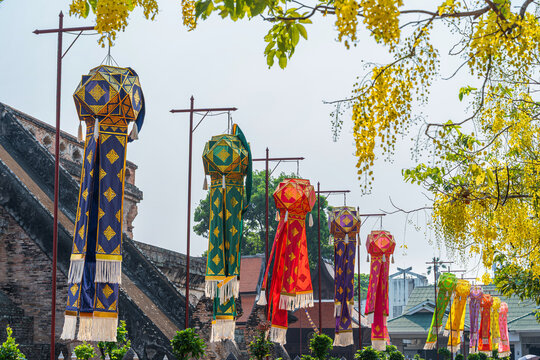 Lanna lantern and Prayer flags tung Hang or Northern traditional flag hang on sand pagoda in the Wat Chedi Luang temple for Songkran Festival is celebrated in a traditional New Year's in Chiang Mai
