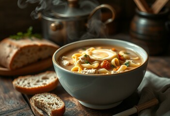 Rustic wooden table with steaming hot Chicken Noodle Soup