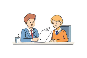 A cartoon art illustration of two professionals reviewing a contract with serious expressions.eps