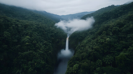 Misty waterfall cascading through lush green rainforest valley