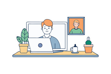 A cartoon art illustration of a remote worker on a video call and seated at a tidy desk with a laptop.eps