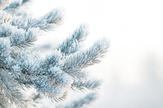 Frost-covered pine branch, winter wonderland scene, serene and peaceful nature. - Powered by Adobe
