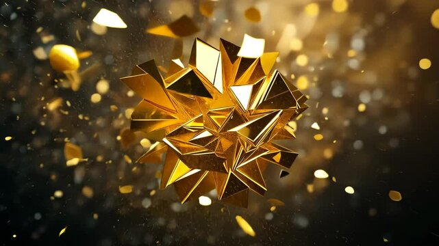 Exploding Golden Abstraction. A captivating display of geometric forms, shattering into fragments against a backdrop of shimmering bokeh and radiant light, symbolizing dynamism and elegance.