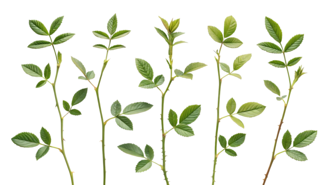A collection of small rose leaf twigs with five leaves isolated against a flat background