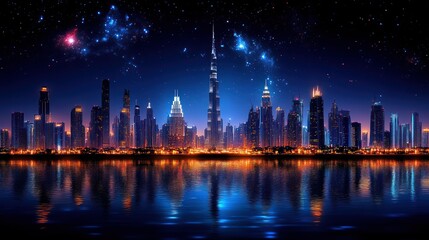 Obraz premium Dubai skyline at night, illuminated skyscrapers reflecting on water, starry sky