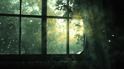 Tranquil Rainy Window with Soft Lighting